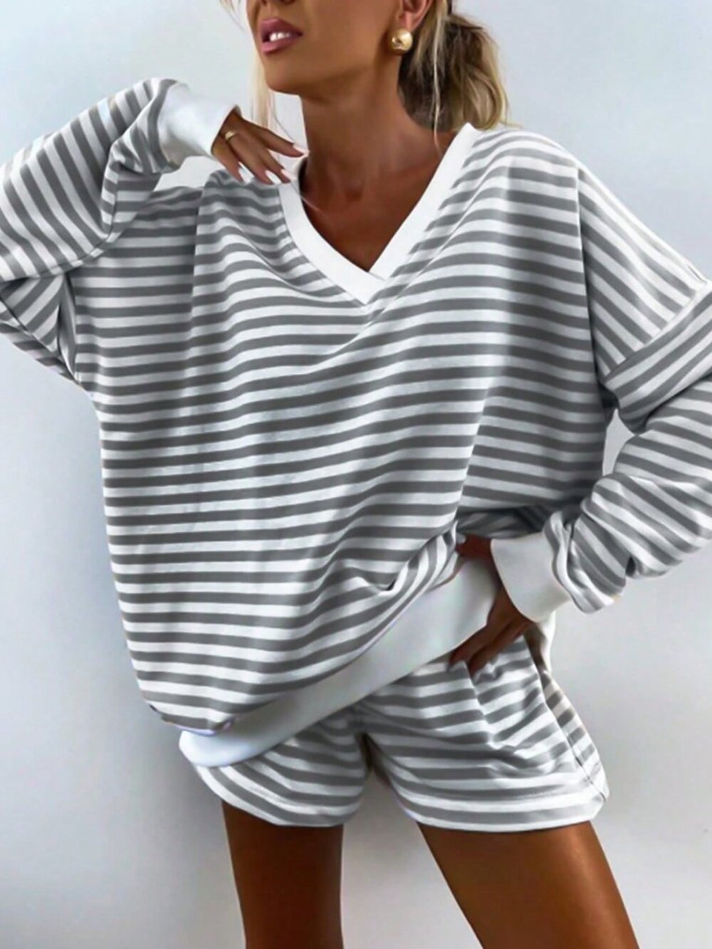 Grey Elegant Women's Set V Neck Stripes Long Sleeves Loose Top & Shorts Set